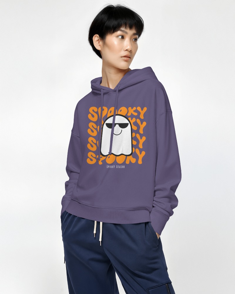 Vibrant Ghost Art On Lavender Hoodie Mockup Female Model Emphasizing Unique Graphic Casual Wear
