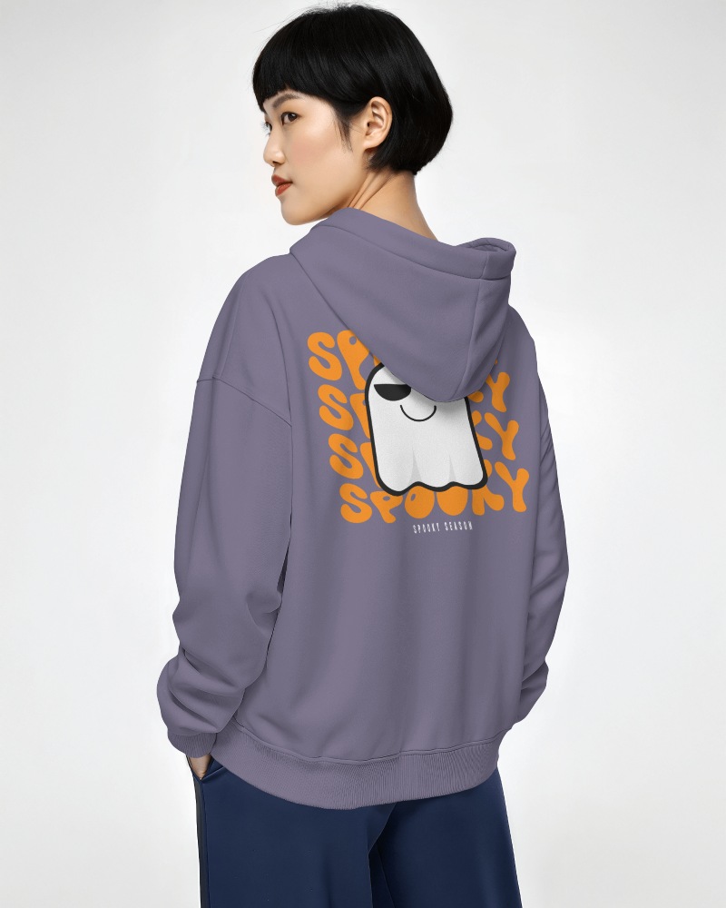 Pastel Purple Hoodie Mockup Female Model With Fun Ghost Artwork Comfortable Streetwear Look