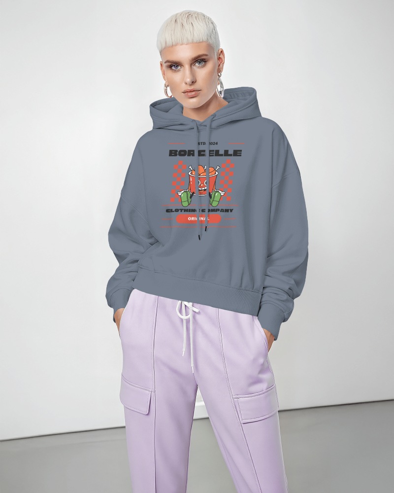 Charcoal Toned Hoodie Mockup Female Model Showcasing Stylish Mug Graphic Trendy Casual Outfit