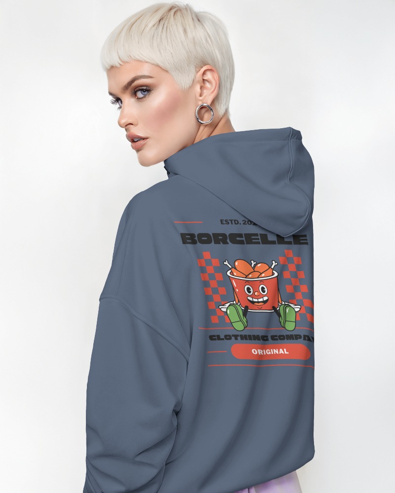 Vibrant Mug Art On Charcoal Gray Hoodie Mockup Female Model Emphasizing Unique Graphic Casual Wear