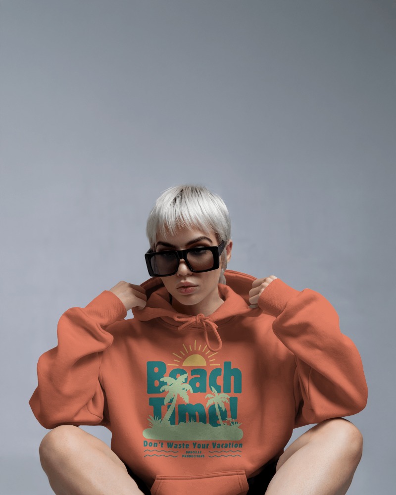 Beach Time Hoodie Mockup Female Model Showcasing Stylish Summer Graphic Trendy Casual Outfit