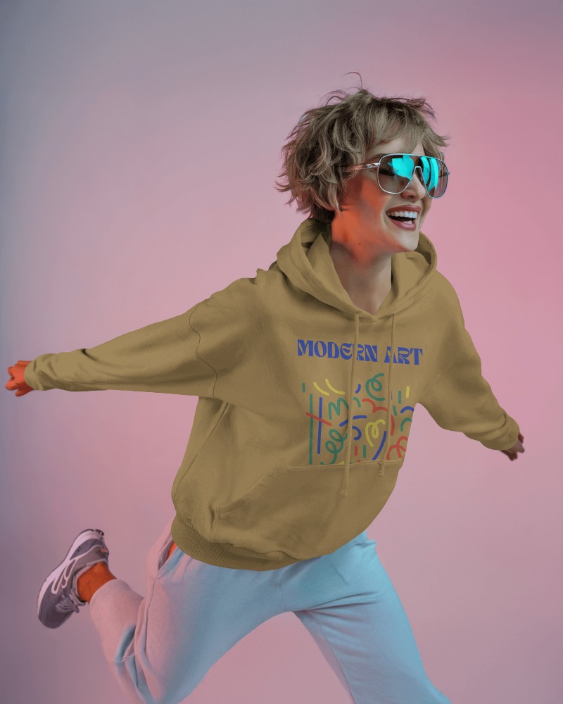 Light Brown Hoodie Mockup Female Model Showcasing Abstract Artwork Graphic Trendy Leisure Wear