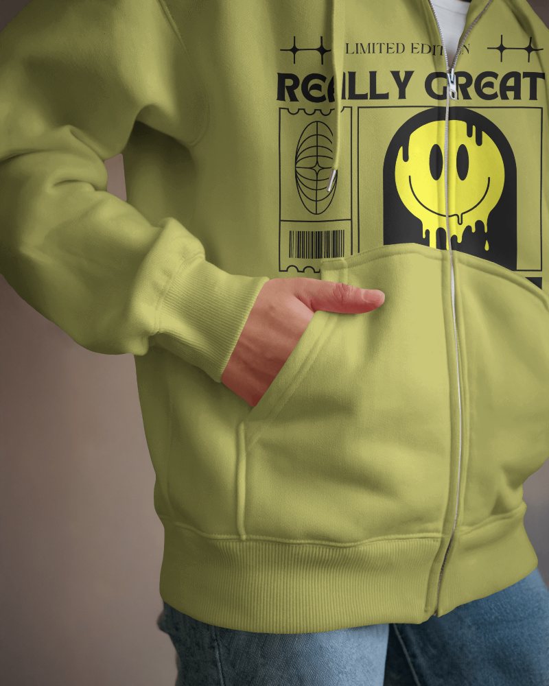 Lime Green Zip Up Hoodie Mockup Male Model Sporting Limited Edition Graphic Casual Wear