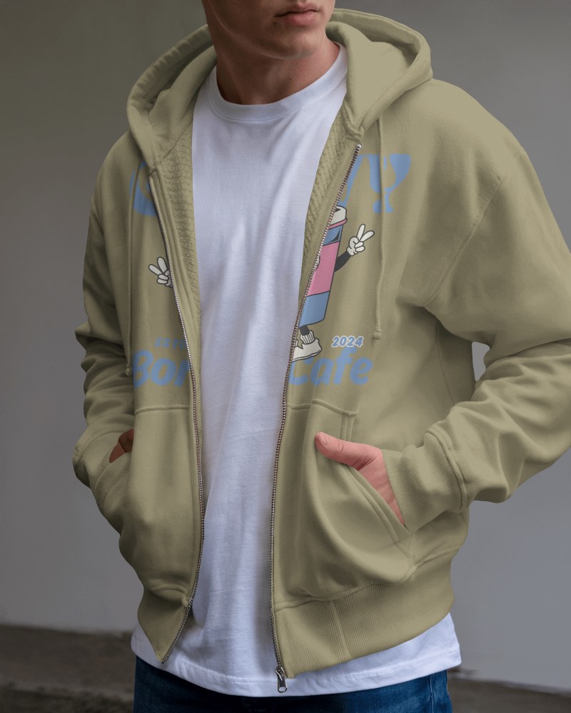 Casual Urban Zip Up Hoodie Mockup Male Model With Graphic Tee Underneath Street Style Vibe