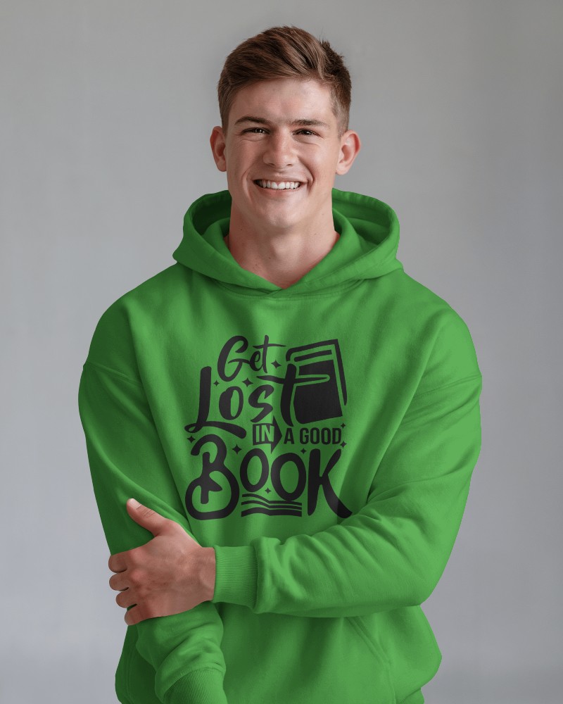 Happy Male Model Green Hoodie Mockup Promoting Reading As An Adventure Casual Attire