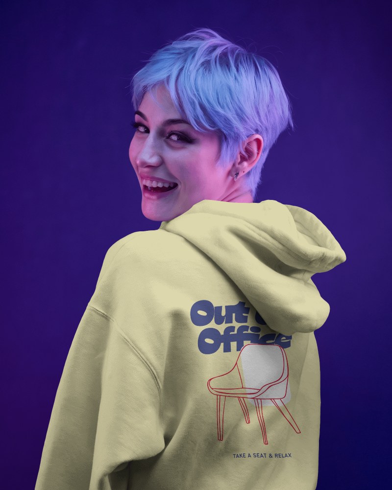 Cheerful Woman Yellow Hoodie Mockup Encouraging Work Life Balance Casual Fashion