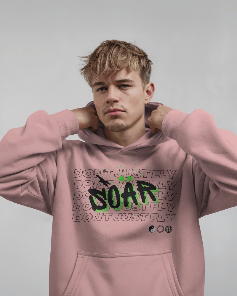 Vibrant Pink Hoodie Mockup Male Model Emphasizing Aspiration Street Fashion Graphic