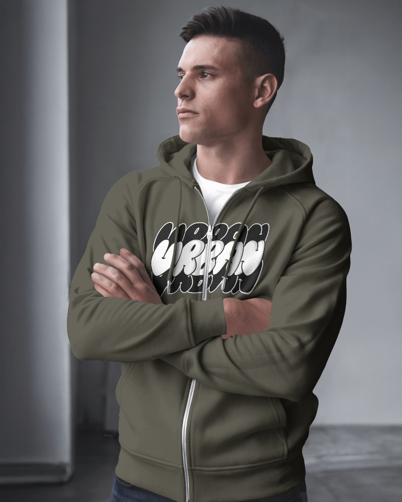 Fashionable Olive Green Hoodie Mockup Male Model Presenting Graphic Hoodie Casual