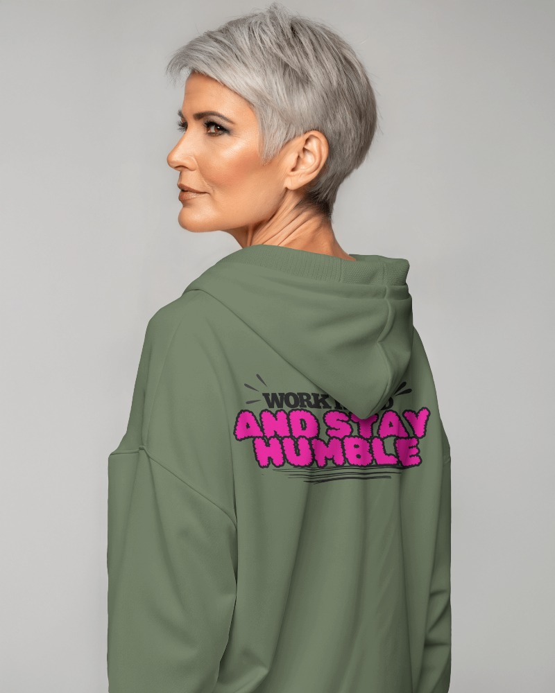 Mature Woman Green Hoodie Mockup Profile With Empowering Work Ethic Message