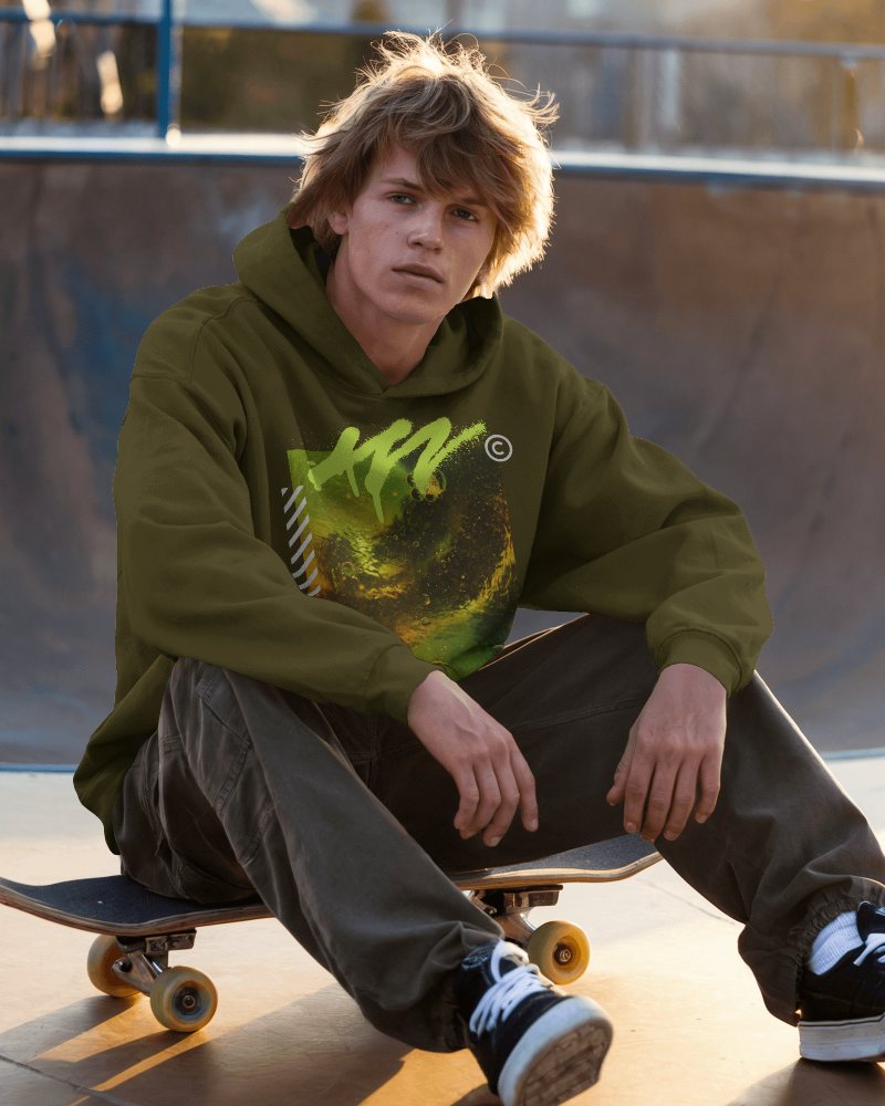 Urban Skatepark Hoodie Mockup Teenager Sitting On Skateboard Casual Streetwear Trendy Graphic Print