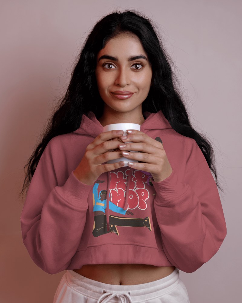 Cozy Pink Hoodie Mockup Female Model With Coffee Cup Casual Graphic Print Relaxed Fit Fashion