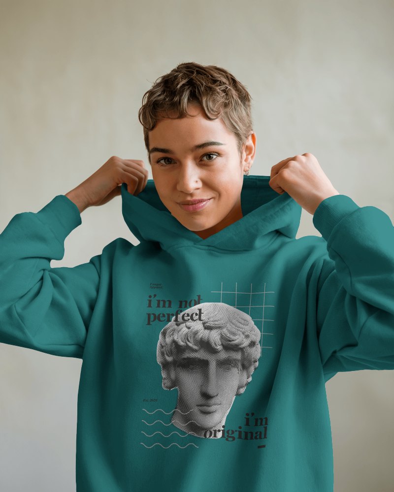 Casual Graphic Teal Hoodie Mockup Youngster Posing Comfortable Relaxed Fit Hoodie