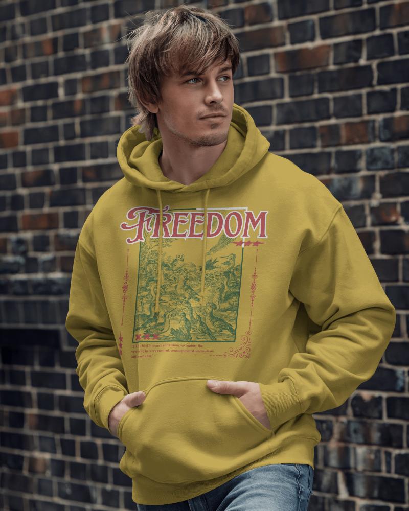 Urban Brick Wall Yellow Hoodie Mockup Male Model Freedom Graphic Casual Streetwear