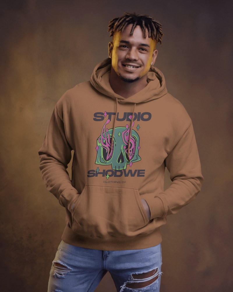 Cool Casual Hoodie Mockup Male Model With Bright Hair Against Warm Brown Background With Graphic Print
