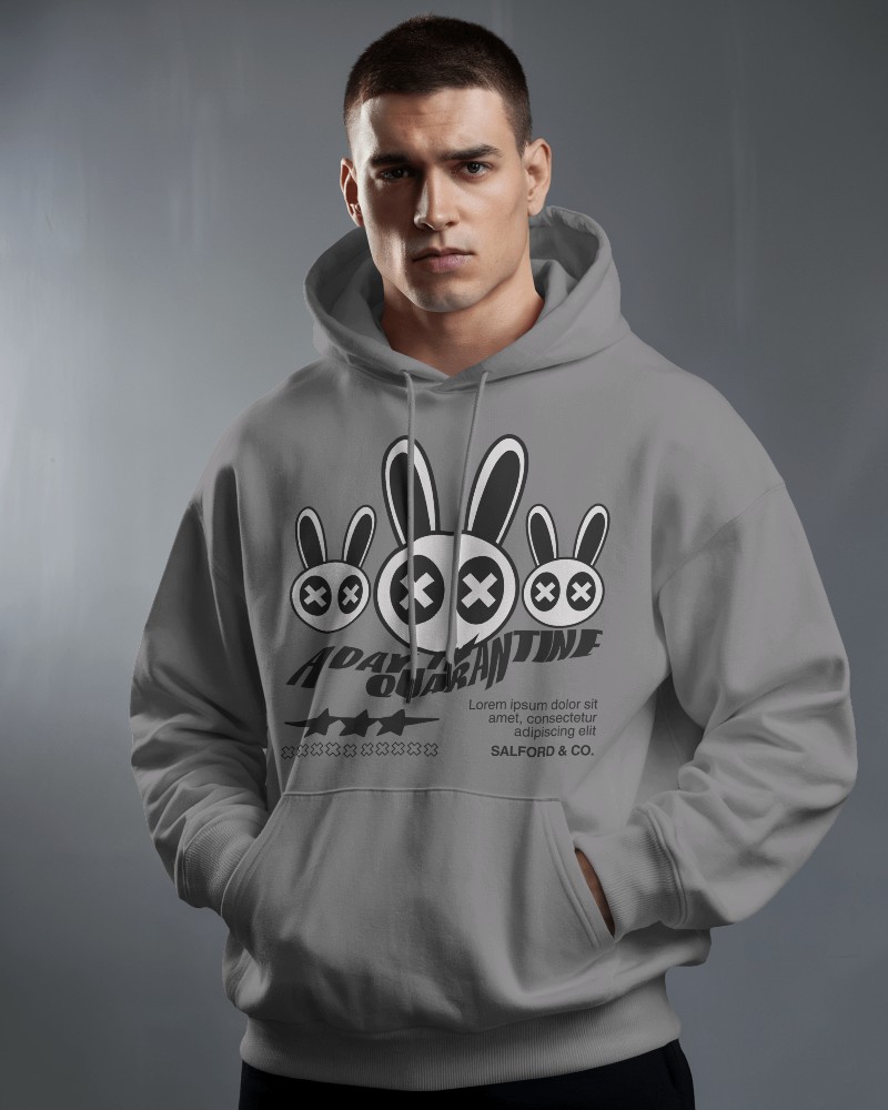 Cool Urban Rabbit Hoodie Mockup Male Under Cool Gray Background With Graphic Print