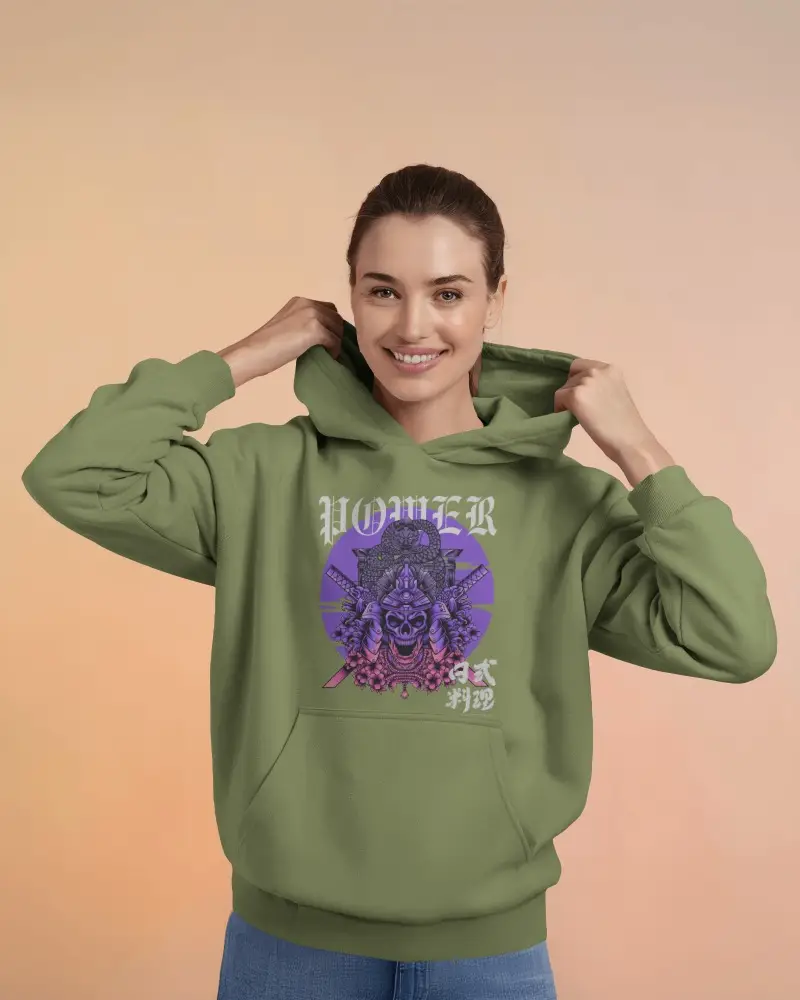Female Model Showcasing Hoodie Mockup Against Peach Background