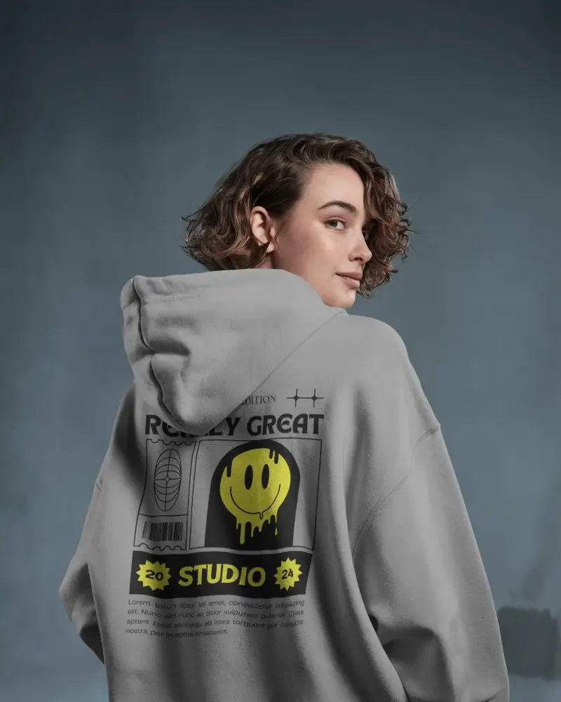 Cozy Back View Hoodie Mockup On Woman In Minimal Studio Setting With Muted Tones And Subtle Lighting