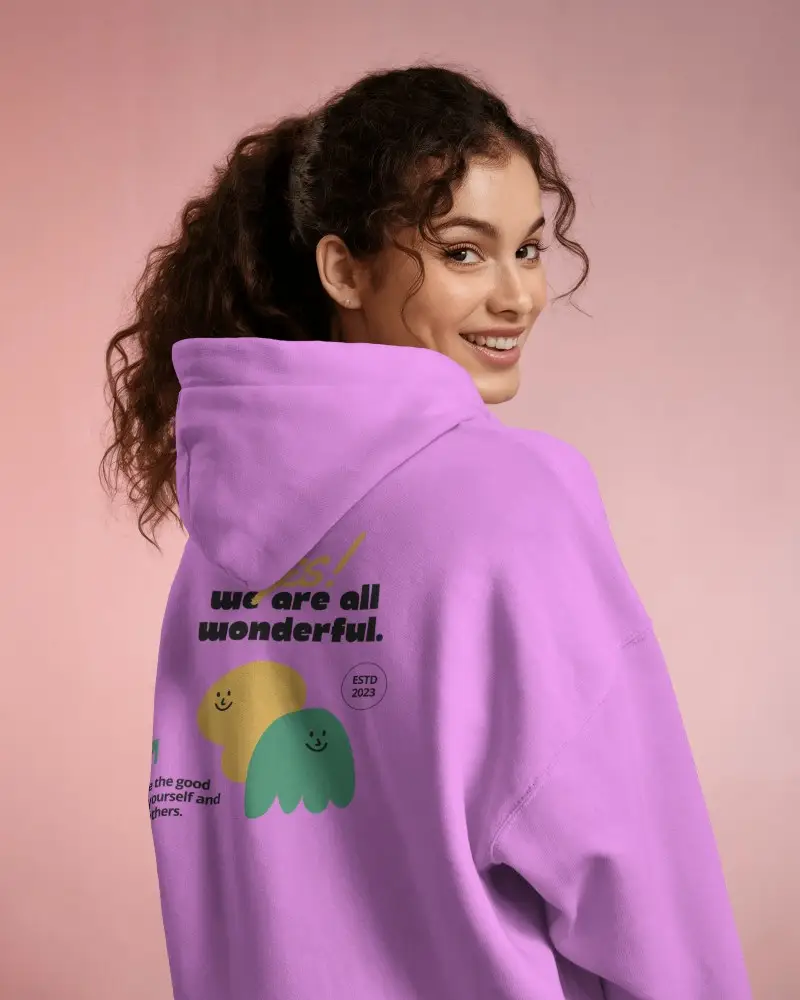 Back View Hoodie Mockup Featuring Female Model In Soft Color Palette Perfect For Loungewear Designs