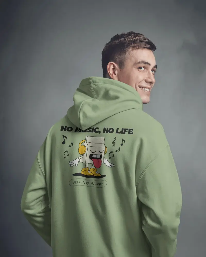 Back View Hoodie Mockup With Smiling Male Model In White Hoodie Against Minimal Gray Studio Background