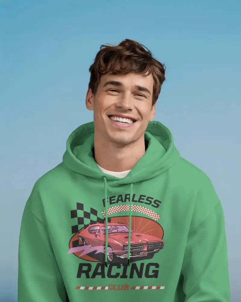 Bright Sky Backdrop Hoodie Mockup Smiling Male Model Front View Shot