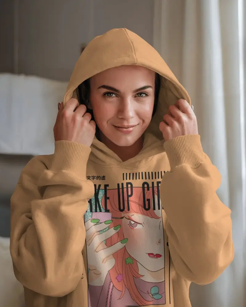 Cozy Indoor Hoodie Mockup Female Model Smiling With Hood Up In Natural Light Setting