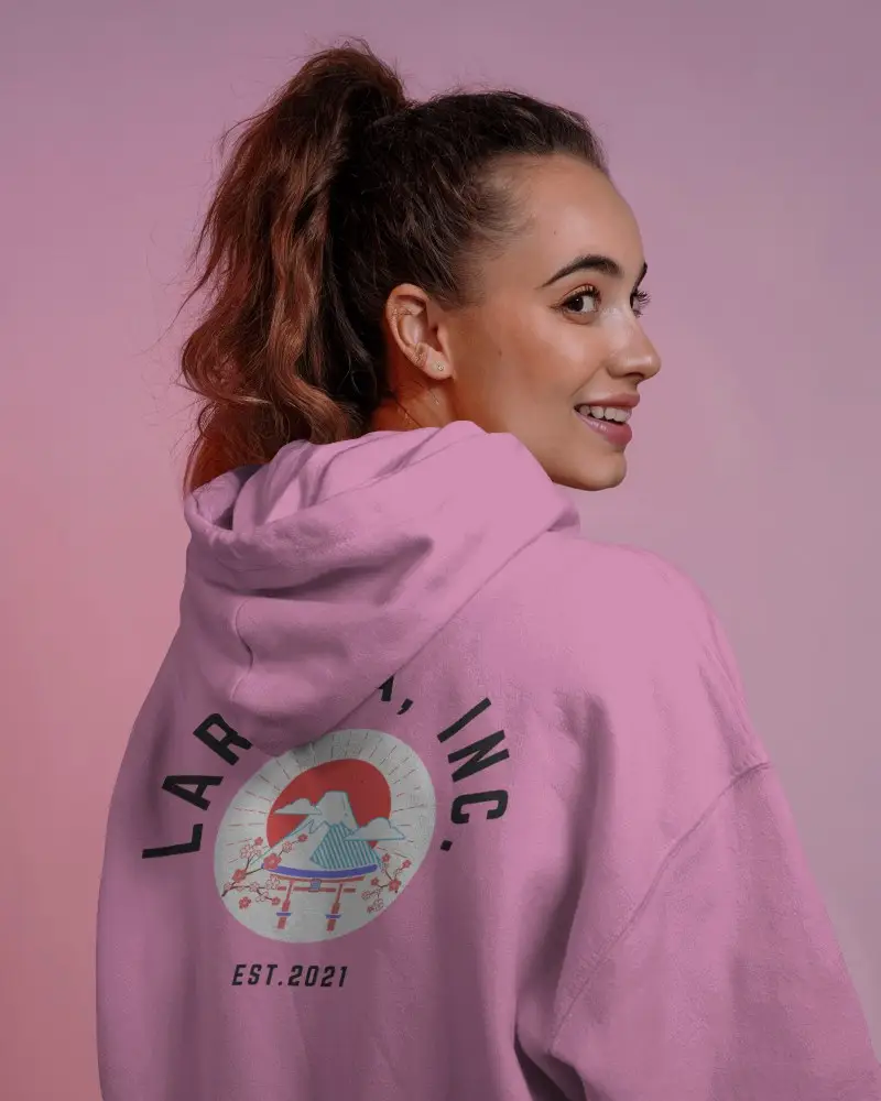 Pastel Background Hoodie Mockup Back View Of Woman In Light Hoodie With Cheerful Look