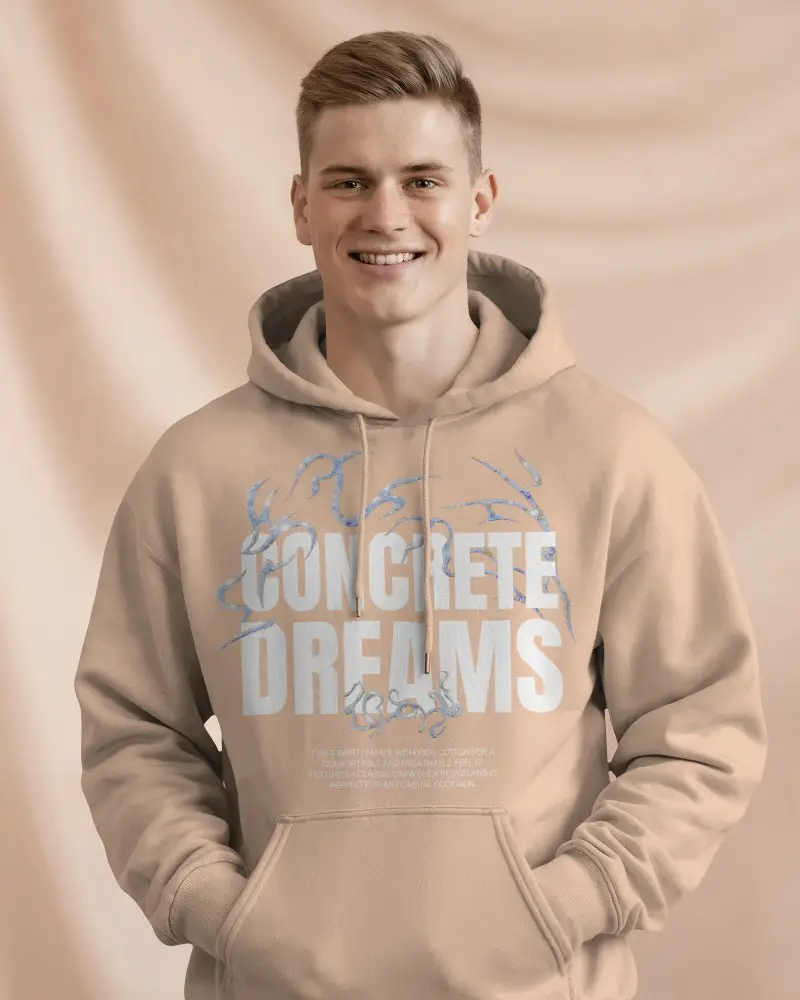 Casual Studio Hoodie Mockup Happy Man In Clean Fleece Against Textured Backdrop