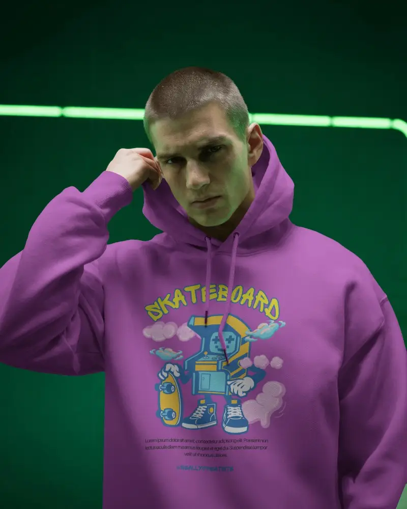 Urban Vibe Hoodie Mockup Edgy Male Model In Hooded Sweatshirt Under Neon Light