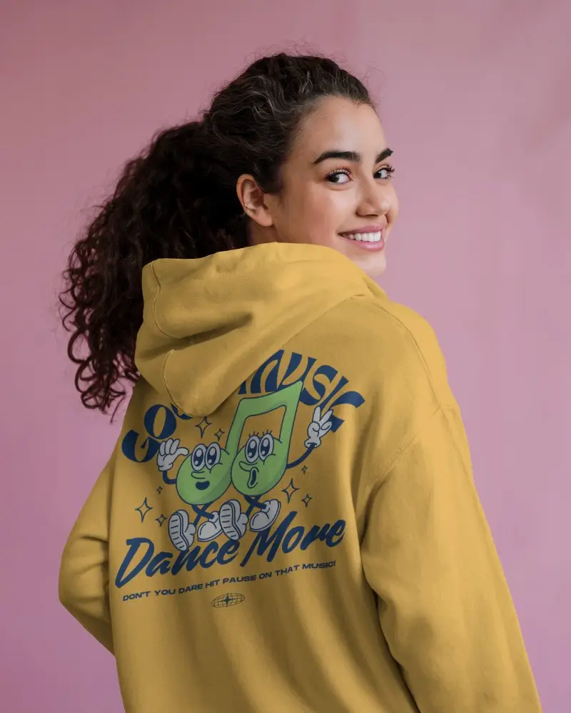 Smiling Model Hoodie Mockup Female Showing Back Design In Hoodie On Pink Backdrop