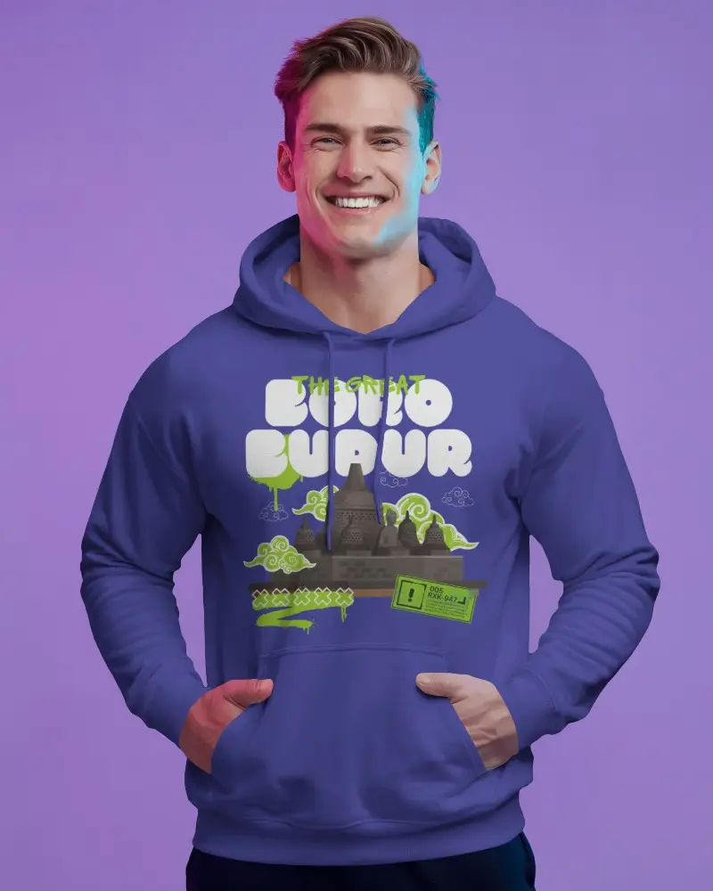 Colorful Studio Hoodie Mockup Smiling Male Model In Hoodie On Purple Gradient Background