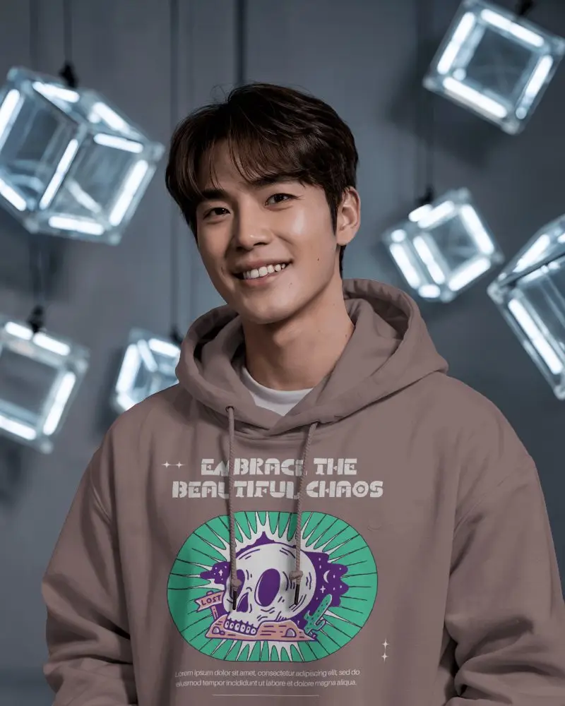 Futuristic Studio Hoodie Mockup Smiling Male Model In Hoodie With Glowing Cube Lights