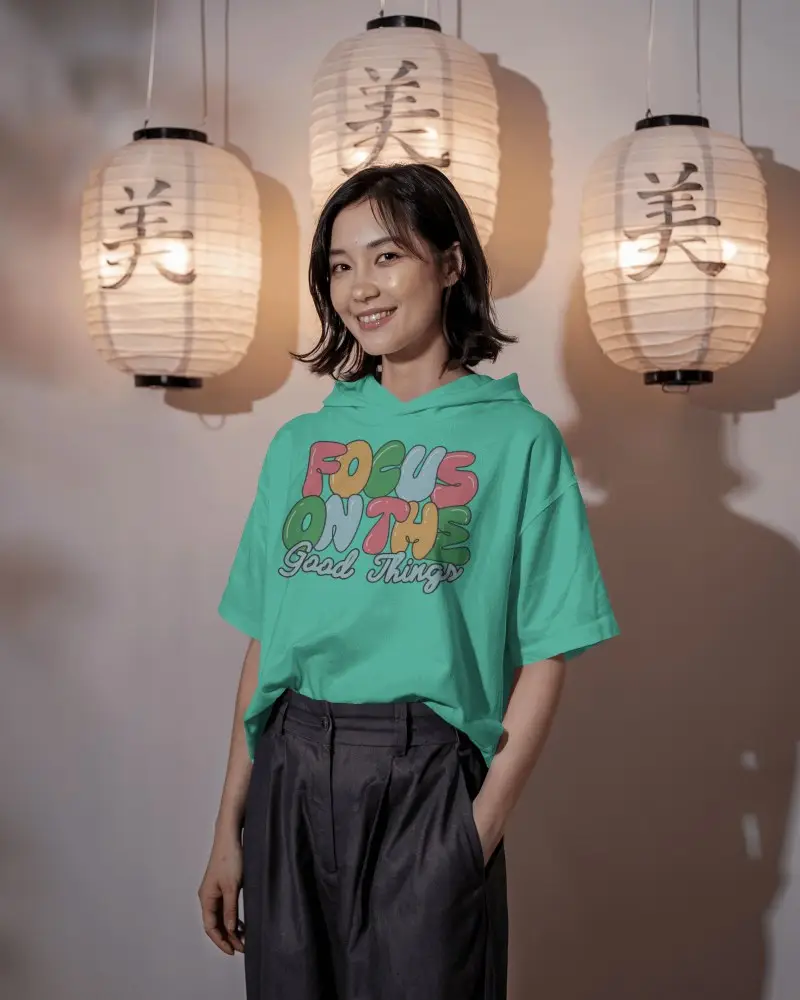 Aesthetic Japanese Hoodie Mockup Hoodie On Smiling Girl In Warm Toned Lantern Setting