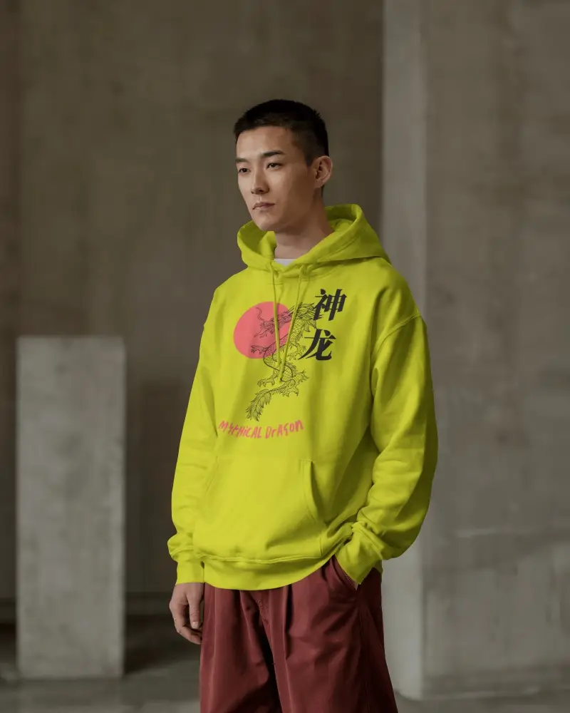 Clean Urban Aesthetic Hoodie Mockup Asian Model In Relaxed Fit Style