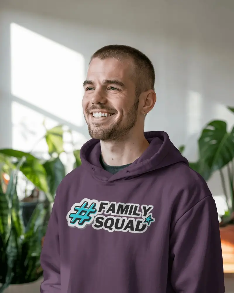 Natural Light Hoodie Mockup Happy Man Wearing Minimal Hoodie In Cozy Modern Room
