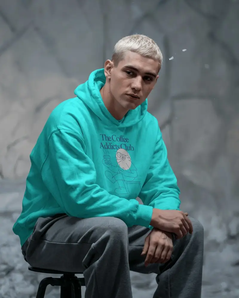 Cool Toned Hoodie Mockup Bleached Hair Man In Hoodie In Stylized Grey Background