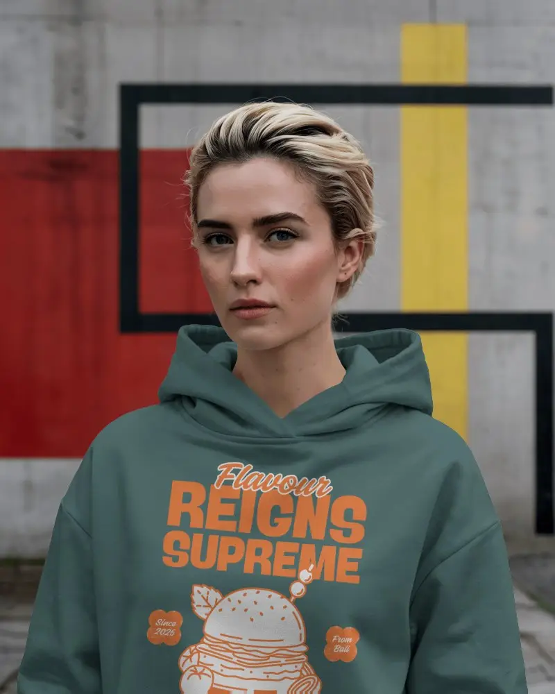 Downtown Cityscape Hoodie Mockup Hoodie With Modern Art Backdrop For Streetwear Branding