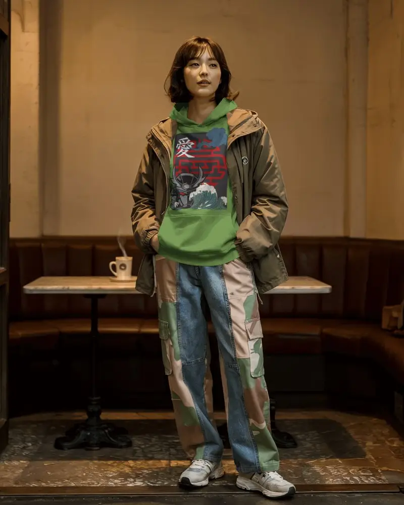 Cozy Cafe Hoodie Mockup Female Model Wearing Hoodie Under Olive Jacket In Ambient Light