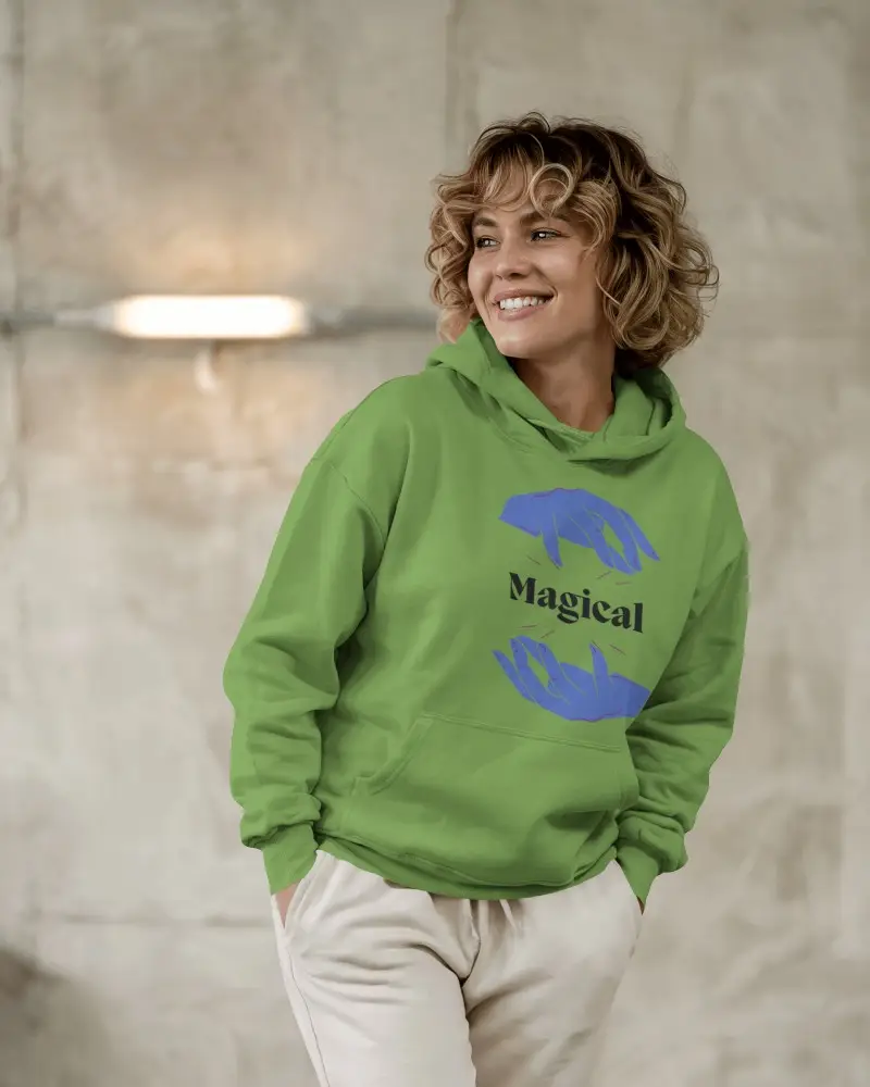 Cozy Studio Hoodie Mockup Woman Smiling In Soft Grey Background With Warm Light