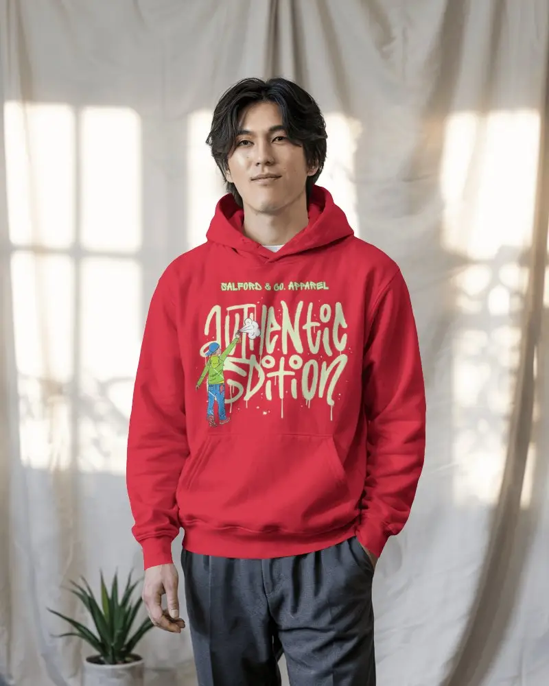 Sunlit Curtain Backdrop Hoodie Mockup Male Model Standing Calmly In Natural Light