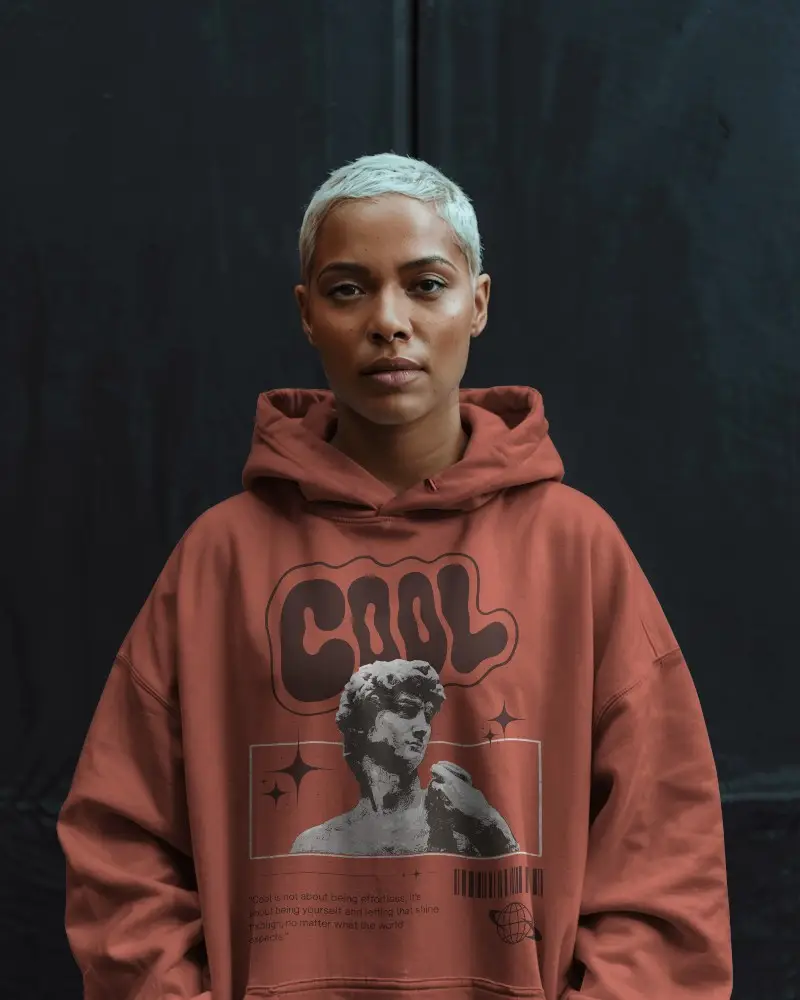 Streetwear Hoodie Mockup Woman With Bleached Hair Standing Against Dark Wall Modern Aesthetic