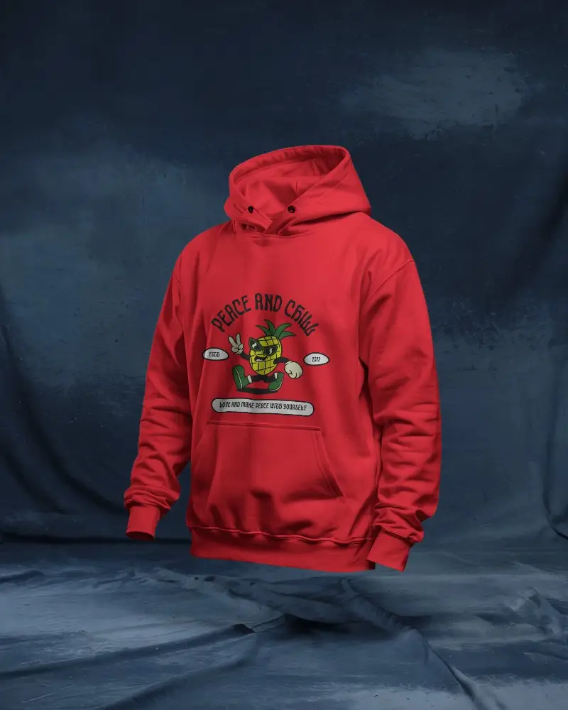 Bold Red Hoodie Mockup Floating Display Against Dark Textured Backdrop Streetwear Vibes