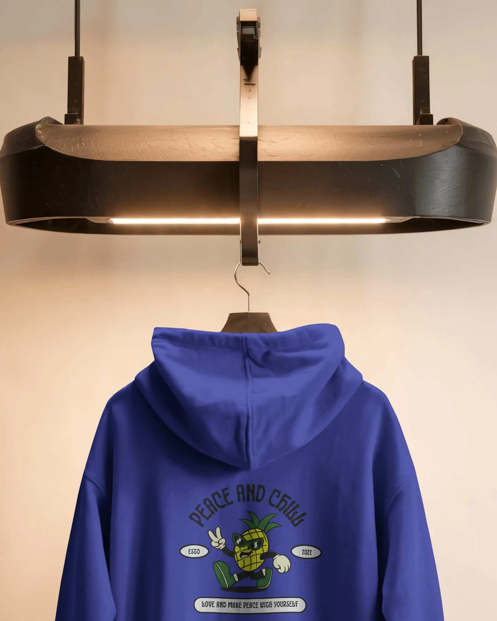 Back View Hoodie Mockup Clean Design Space Hanging On Wooden Hanger Neutral Background