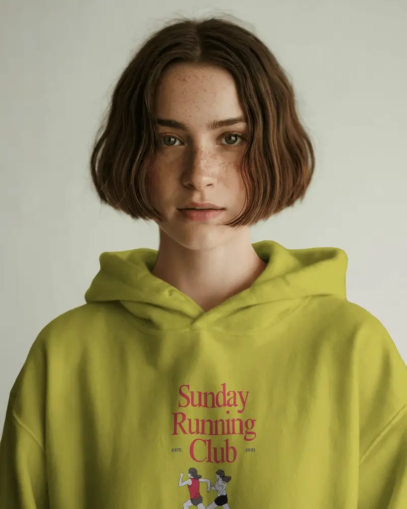 Soft Natural Light Hoodie Mockup Front View Of Female Model With Freckles And Bob Cut In Minimal Studio 0532