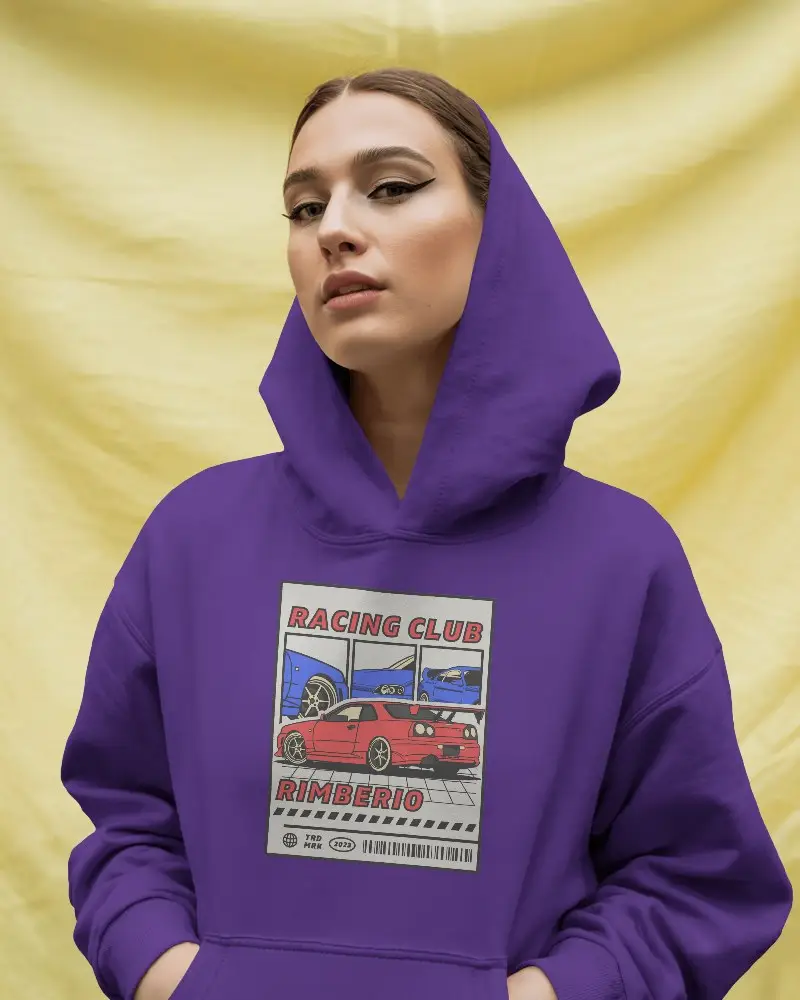 Bold Female Hoodie Mockup Woman Posing With Hood Up Against Yellow Backdrop