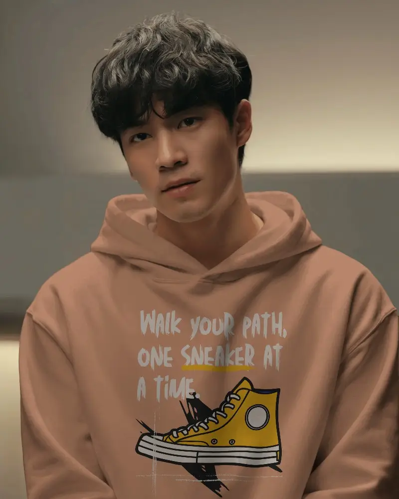 White Hoodie Mockup On Asian Male Model With Soft Warm Lighting Background