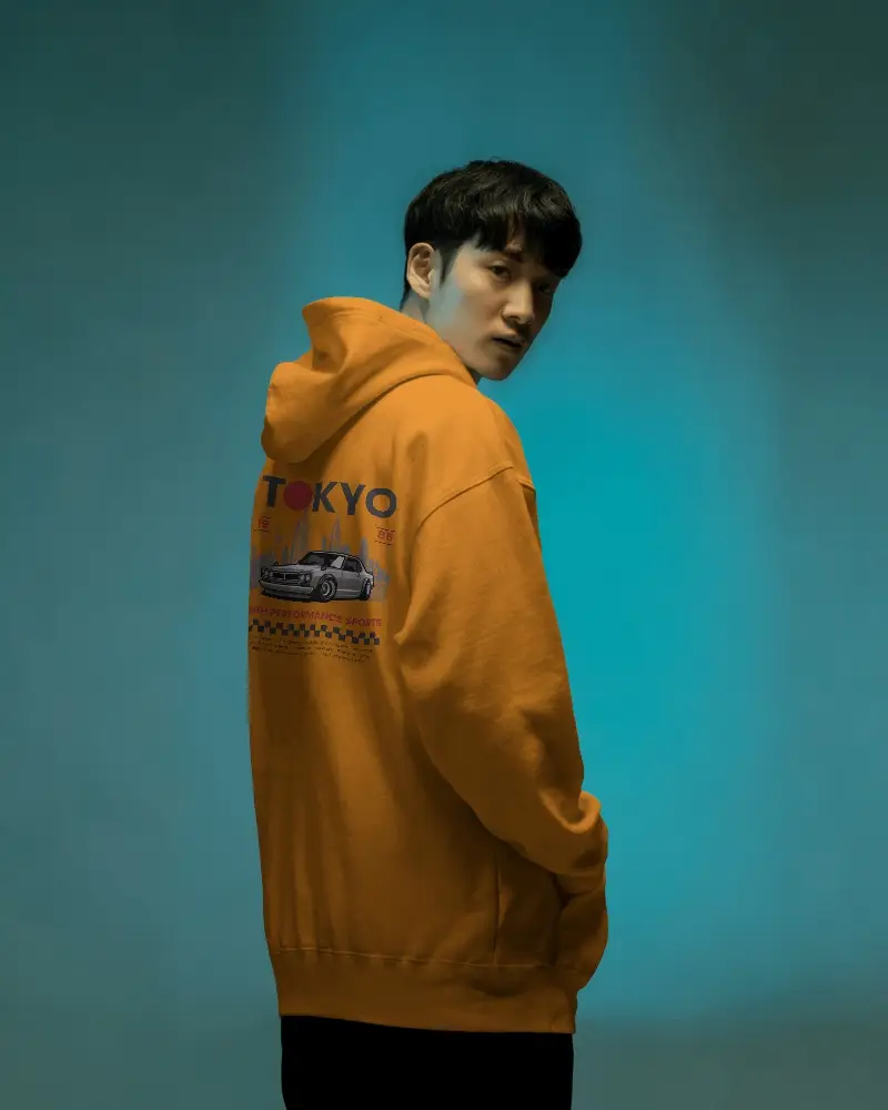 Back View White Hoodie Mockup On Male Model With Vibrant Blue Backdrop