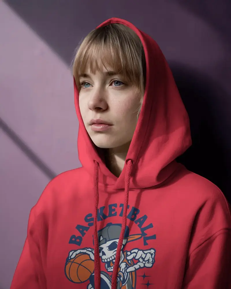 Aesthetic Studio Hoodie Mockup Front View Female Model In Hoodie Purple Wall Light Rays