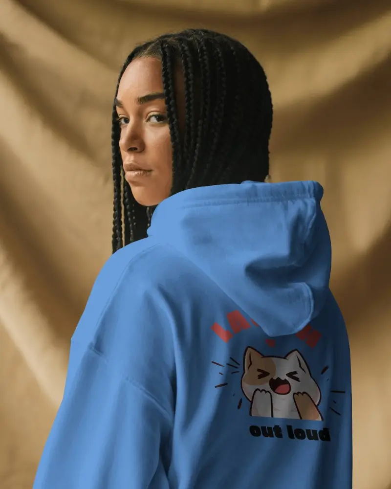 Back View Hoodie Mockup Female Model In Hoodie With Braids On Neutral Fabric Background