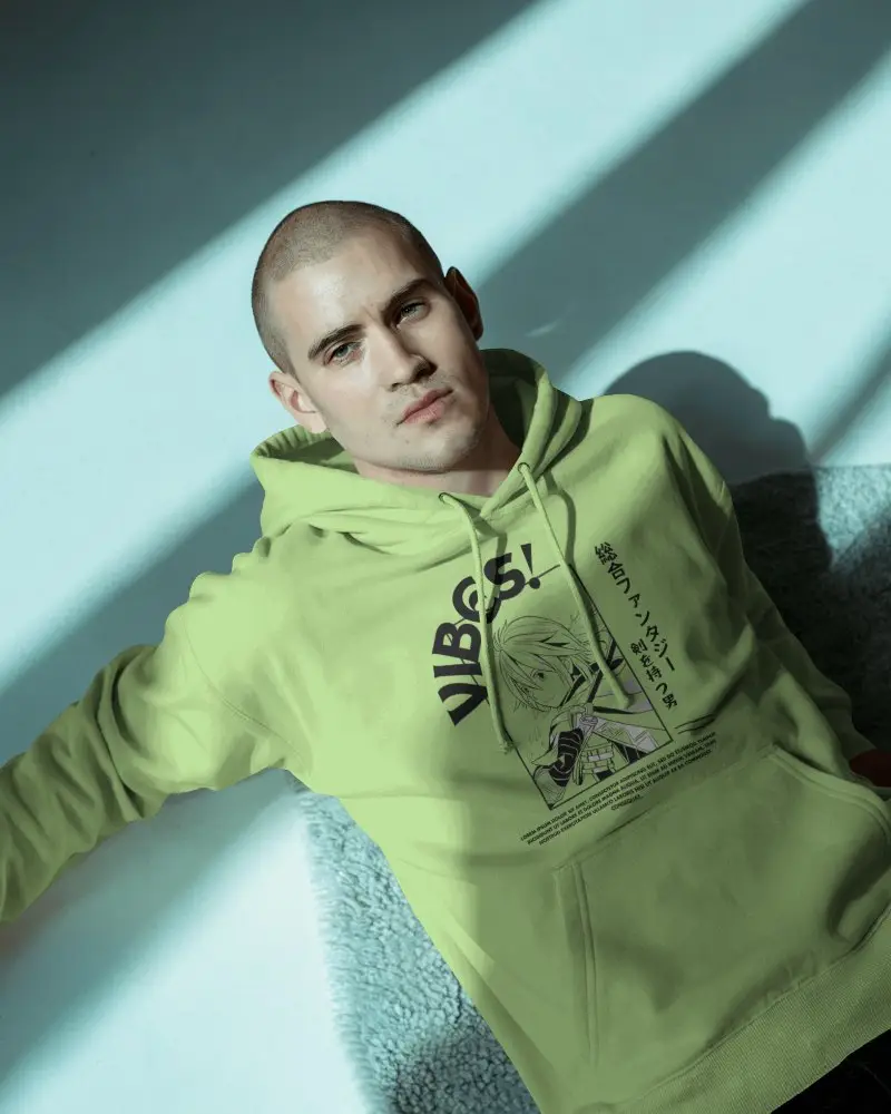 Fashion Forward Flatlay Hoodie Mockup Male Model Relaxing In Soft Lit Studio Setting