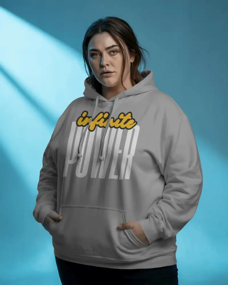 Bold Studio Hoodie Mockup Front Facing Woman With Hands In Pocket Soft Blue Background